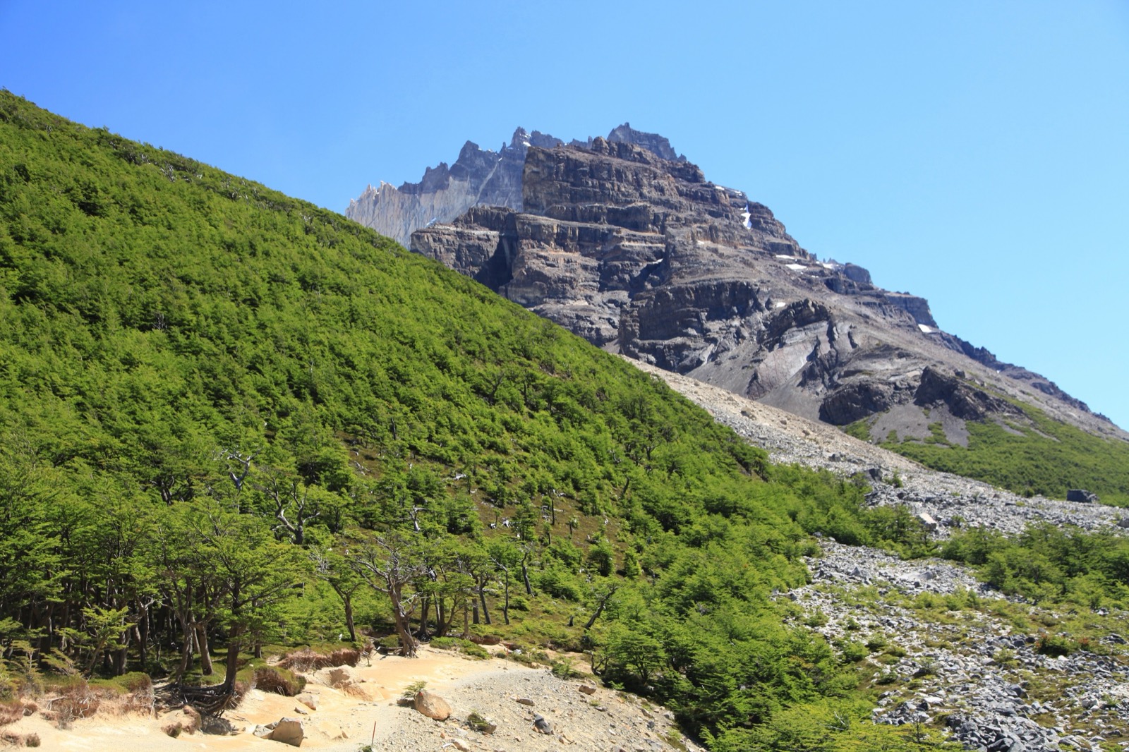 Trekkers hiking a rugged trail below the granite peaks of Torres del Paine